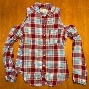 Hollister Red and Blue Cold Shoulder Plaid Button Down